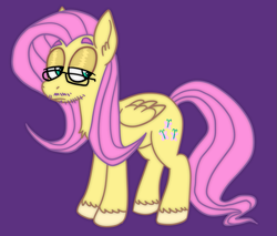 Size: 907x774 | Tagged: safe, artist:froutsuip, fluttershy, pegasus, pony, g4, beard, butterscotch, facial hair, flutterguy, glasses, lidded eyes, male, purple background, rule 63, simple background, solo, stallion