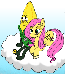 Size: 757x863 | Tagged: safe, artist:froutsuip, fluttershy, pegasus, pony, corn, crossover, duo, inanimate insanity, steve cobs