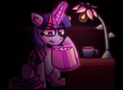 Size: 677x494 | Tagged: safe, artist:rosa ushiromiya, twilight sparkle, alicorn, pony, g4, book, coffee cup, cup, dark background, digital art, female, glowing, glowing horn, horn, lamp, mare, reading, solo, table