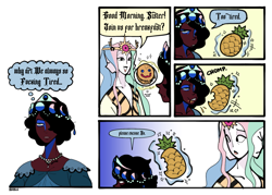 Size: 1963x1402 | Tagged: safe, artist:bixels, princess celestia, princess luna, deity, human, the grand galloping 20s, a royal problem, g4, bust, comic, dark skin, dialogue, duo, duo female, eating, female, food, humanized, light skin, multiple faces, pancakes, pineapple, royal sisters, scene interpretation, siblings, sisters, thought bubble