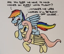 Size: 2048x1741 | Tagged: safe, artist:hoofclid, fluttershy, rainbow dash, pegasus, pony, g4, blushing, dialogue, duo, duo female, female, flying, holding hooves, lesbian, looking at each other, looking at someone, mare, marker drawing, ship:flutterdash, shipping, smiling, smiling at each other, traditional art