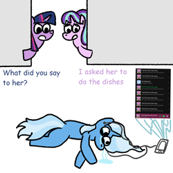 Size: 1500x1500 | Tagged: safe, artist:zoeyhorse, starlight glimmer, trixie, twilight sparkle, alicorn, pony, unicorn, g4, cellphone, crying, drama queen, earbuds, female, horn, lesbian, lying down, mare, missing cutie mark, on side, phone, playlist, ship:startrix, ship:twistarlight, ship:twixie, shipping, simple background, smartphone, trio, trio female, twilight sparkle (alicorn), white background