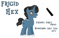 Size: 772x496 | Tagged: safe, artist:moonlightthegriffon, oc, oc only, oc:frigid hex, pony, unicorn, base used, bio in description, cataracts, cutie mark, horn, magic wand, male, open mouth, open smile, reference sheet, salt lick city, simple background, smiling, solo, stallion, text, transparent background, unicorn oc