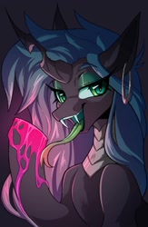 Size: 1300x2000 | Tagged: safe, artist:dodsie, queen chrysalis, changeling, collaboration:meet the best showpony, g4, alternate design, bust, collaboration, ear piercing, fangs, female, long tongue, piercing, portrait, solo, tongue out