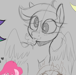 Size: 796x786 | Tagged: safe, artist:lockheart, derpy hooves, pinkie pie, pegasus, pony, g4, derp, eye clipping through hair, female, gray background, grayscale, mare, monochrome, offscreen character, partially open wings, simple background, smiling, tongue out, wings