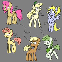 Size: 1155x1155 | Tagged: safe, artist:this_sl0th, oc, oc only, oc:cruiser contrails, oc:doodle doo, oc:loopy loo, oc:nilla puddins, oc:peach punch, oc:vanilla bean, earth pony, pegasus, pony, unicorn, female, horn, male, mare, ponysona, stallion