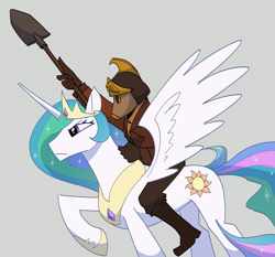 Size: 1767x1650 | Tagged: safe, artist:sentrydraws, princess celestia, alicorn, human, pony, g4, charge, commission, crossover, death korps of krieg, explanation in the description, gas mask, helmet, humans riding ponies, imperial guard, mask, riding, riding a pony, shovel, warhammer (game), warhammer 40k