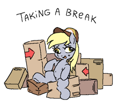 Size: 1040x902 | Tagged: safe, artist:myra, derpy hooves, pegasus, pony, g4, box, boxes, breaktime, cap, female, hat, job, mailmare, mailmare hat, nervous, resting, simple background, sitting, solo, sweat, white background