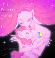 Size: 1729x1846 | Tagged: safe, artist:nimingxiwang168, pinkie pie, earth pony, human, pony, g4, abstract background, duo, duo female, embrace, female, glowing, holding a pony, human ponidox, humanized, looking at each other, looking at someone, mare, self paradox, self ponidox, sparkles, text