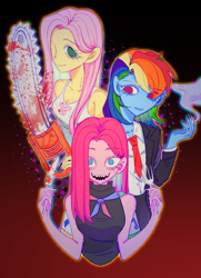 Size: 2048x2836 | Tagged: safe, artist:nimingxiwang168, fluttershy, pinkie pie, rainbow dash, human, equestria girls, g4, blood, chainsaw, cigarette, clothes, female, fork, gradient background, knife, necktie, open mouth, open smile, pinkamena diane pie, smiling, smoke, smoking, trio, trio female