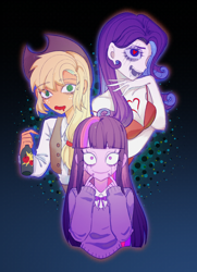 Size: 2048x2836 | Tagged: safe, artist:nimingxiwang168, applejack, rarity, twilight sparkle, human, lil-miss rarity, equestria girls, g4, alcohol, beer, crying, drool, female, gradient background, heart, heart eyes, holding, scar, trio, trio female, wingding eyes