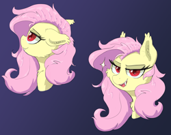 Size: 3387x2683 | Tagged: safe, artist:zzzsleepy, fluttershy, bat pony, g4, bat ears, bat eyes, bat ponified, bedroom eyes, bust, chest fluff, ear fluff, female, flutterbat, gradient background, mare, open mouth, race swap, red eyes, solo, sparkle, tooth