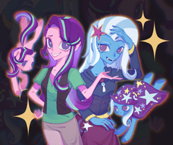 Size: 2438x2048 | Tagged: safe, artist:nimingxiwang168, starlight glimmer, trixie, human, pony, unicorn, equestria girls, g4, duo, duo female, female, horn, smiling, zoom layer