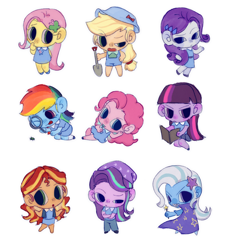 Size: 2402x2660 | Tagged: safe, artist:nimingxiwang168, applejack, fluttershy, pinkie pie, rainbow dash, rarity, starlight glimmer, sunset shimmer, trixie, twilight sparkle, human, equestria girls, g4, chibi, cute, group, humane five, humane seven, humane six, simple background, white background