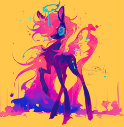 Size: 1813x1856 | Tagged: safe, artist:nimingxiwang168, pegasus, pony, blue sclera, color contrast, color porn, colorful, female, halo, mare, orange background, pink mane, pink tail, purple coat, raised hoof, simple background, solo, tail