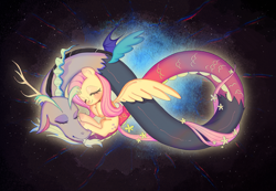 Size: 3281x2274 | Tagged: safe, artist:nimingxiwang168, discord, fluttershy, draconequus, pegasus, pony, g4, duo, duo male and female, female, flower, flower in tail, infinity symbol, male, mare, one wing out, sleeping, smiling, space, tail, wings