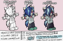 Size: 1520x980 | Tagged: safe, artist:fluttershyes, dj pon-3, vinyl scratch, unicorn, anthro, plantigrade anthro, g4, advertisement, alternate hairstyle, blue mane, blue tail, bracelet, chibi, clothes, colored sketch, commission info, commission open, crocs, description is relevant, ear piercing, earring, glasses, horn, industrial piercing, jewelry, lidded eyes, looking away, no pupils, nose piercing, oversized clothes, oversized shirt, pants, piercing, ponytail, red eyes, round glasses, septum piercing, shiny mane, shirt, sketch, smiling, solo, spread arms, standing, sweatpants, tail, three quarter view, tied mane, tinted glasses, two toned mane, two toned tail, unicorn horn, white coat, white text, wristband