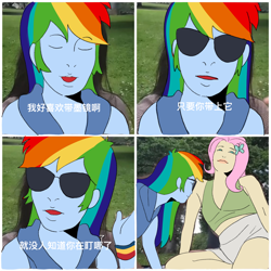 Size: 1600x1600 | Tagged: safe, artist:nimingxiwang168, fluttershy, rainbow dash, human, equestria girls, g4, chinese, comic, duo, duo female, female, lesbian, meme, ponified meme, ship:flutterdash, shipping, sunglasses, trace, translated in the comments