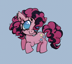 Size: 900x800 | Tagged: safe, artist:fluttershyes, part of a set, pinkie pie, earth pony, pony, g4, bags under eyes, big eyes, black eyeshadow, blue eyes, chibi, curly mane, curly tail, dyed mane, dyed tail, ear piercing, earring, eyelashes, eyeshadow, female, heart earring, jewelry, looking up, makeup, mare, no catchlights, patterned background, piercing, pink coat, raised hooves, smiling, solo, tail, three quarter view, two toned mane, two toned tail