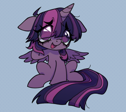 Size: 900x800 | Tagged: safe, artist:fluttershyes, part of a set, twilight sparkle, alicorn, pony, g4, alternate hairstyle, bags under eyes, bangs, big eyes, big hooves, chibi, eye clipping through hair, eyebrows, eyebrows visible through hair, eyelashes, female, floppy ears, hooves behind head, horn, mare, open mouth, open smile, patterned background, purple coat, purple eyes, sheepish grin, short mane twilight sparkle, sitting, smiling, solo, spread wings, straight tail, thick horn, three quarter view, three toned mane, three toned tail, twilight sparkle (alicorn), unicorn horn, wings