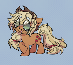 Size: 900x800 | Tagged: safe, artist:fluttershyes, part of a set, applejack, earth pony, pony, g4, ahoge, applejack's hat, bags under eyes, big eyes, blonde mane, blonde tail, chibi, colored eyebrows, cowboy hat, cute, eye clipping through hair, eyelashes, female, floppy ears, freckles, hat, jackabetes, long mane, long tail, looking at you, mane tie, mare, no pupils, orange coat, patterned background, ponytail, raised hoof, slightly desaturated, smiling, smiling at you, solo, standing on three hooves, stetson, tail, tail tie, tied mane, tied tail