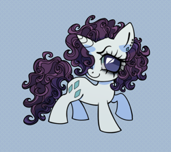 Size: 900x800 | Tagged: safe, artist:fluttershyes, part of a set, rarity, pony, unicorn, g4, alternate hairstyle, alternate tailstyle, bags under eyes, big eyes, big hooves, blue eyes, chibi, curly mane, curly tail, cutie mark accessory, cutie mark earrings, ear piercing, earring, eyelashes, eyeshadow, female, hair over one eye, horn, jewelry, long tail, looking away, makeup, mare, no pupils, patterned background, piercing, purple mane, purple tail, raised hoof, slightly desaturated, smiling, solo, standing on three hooves, tail, thick horn, three quarter view, three toned mane, three toned tail, turned head, unicorn horn, white coat