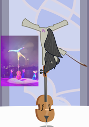 Size: 2480x3508 | Tagged: safe, artist:chloebyjuu, octavia melody, g4, bow (instrument), cello, cello bow, facing away, funny, grand galloping gala, meme, musical instrument, ponified photo, pose, reference used, solo, upside down, window