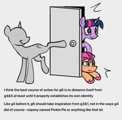 Size: 1012x1000 | Tagged: safe, artist:partyponypower, part of a set, sunny starscout, twilight sparkle, oc, earth pony, pony, unicorn, g4, g5, bald, bangs, bucking, colored hooves, colored sketch, door, drama, emanata, eyelashes, female, frown, g5 drama, green eyes, hooves, horn, mare, no eyes, no mane, no tail, opinion, orange coat, pink hooves, purple coat, raised leg, simple background, sketch, smiling, text, three toned mane, trio, two toned mane, unicorn horn, unicorn twilight, unshorn fetlocks, white background