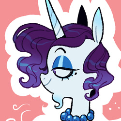 Size: 1080x1080 | Tagged: safe, alternate version, artist:batzy-artz, rarity, pony, unicorn, g4, alternate design, alternate hairstyle, beauty mark, blue eyeshadow, colored horn, ear markings, eyelashes, eyeshadow, facial hair, female, goatee, gradient ears, gradient horn, gradient mane, horn, jewelry, lidded eyes, long horn, makeup, mare, necklace, outline, pearl necklace, profile, purple mane, redesign, shiny mane, short mane rarity, smiling, solo, sparkles, unicorn beard, unicorn horn, wavy mane, white coat, white outline, zoomed in