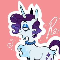 Size: 1080x1080 | Tagged: safe, alternate version, artist:batzy-artz, rarity, pony, unicorn, g4, alternate cutie mark, alternate design, alternate hairstyle, beauty mark, blue eyeshadow, butt fluff, chest fluff, colored chest fluff, colored horn, ear markings, eyelashes, eyeshadow, facial hair, female, goatee, gradient ears, gradient horn, gradient mane, horn, jewelry, lidded eyes, long horn, makeup, mare, necklace, outline, pearl necklace, pink background, profile, purple mane, purple tail, redesign, shiny mane, shiny tail, short mane rarity, simple background, smiling, solo, sparkles, sparkly coat, tail, unicorn beard, unicorn horn, wavy mane, white coat, white outline, white text, zoomed in