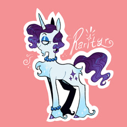 Size: 1080x1080 | Tagged: safe, artist:batzy-artz, part of a set, rarity, pony, unicorn, g4, alternate cutie mark, alternate design, alternate hairstyle, beauty mark, blue eyeshadow, bracelet, butt fluff, chest fluff, colored chest fluff, colored hooves, colored horn, ear markings, eyelashes, eyeshadow, facial hair, female, goatee, gradient ears, gradient horn, gradient legs, gradient mane, gradient tail, hooves, horn, jewelry, leg markings, lidded eyes, long horn, long legs, makeup, mare, necklace, outline, pearl bracelet, pearl necklace, pink background, profile, purple hooves, purple mane, purple tail, redesign, shiny hooves, shiny mane, shiny tail, short mane rarity, simple background, smiling, solo, sparkles, sparkly fetlocks, standing, tail, thin, thin legs, unicorn beard, unicorn horn, unshorn fetlocks, wavy mane, wavy tail, white coat, white outline, white text