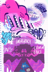 Size: 1280x1920 | Tagged: safe, artist:yl0w, part of a set, pinkie pie, rainbow dash, earth pony, pegasus, pony, comic:rainbow override, fanfic:rainbow factory, g4, abstract, comic, curly mane, dialogue, duo, duo female, emanata, fanfic art, female, frown, imminent party, lined paper, looking at someone, mare, open frown, open mouth, part of a series, pink coat, pink mane, purple text, shadow, speech bubble, stretching, talking, teeth, this will end in a party, white text, wingding eyes, yawn