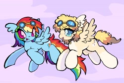 Size: 4096x2749 | Tagged: safe, artist:larvaecandy, rainbow dash, oc, oc:oat latte, pegasus, pony, g4, :3, beanbrows, big hooves, blue coat, blue eyes, blue sclera, coat markings, collar, colored belly, colored eartips, colored sclera, commission, cream belly, cream coat, dog collar, duo, ear fluff, eye clipping through hair, eyebrows, eyebrows visible through hair, eyelashes, floppy ears, fluffy mane, fluffy tail, flying, freckles, goggles, goggles on head, heart collar, leg markings, long tail, looking at each other, looking at someone, multicolored hair, multicolored mane, no pupils, open mouth, open smile, outdoors, pale belly, pegasus oc, pink eyes, pink sclera, rainbow hair, rainbow tail, sky background, smiling, smiling at each other, socks (coat markings), spread wings, tail, three quarter view, three toned mane, three toned tail, two toned background, two toned sclera, two toned tail, wall of tags, wings