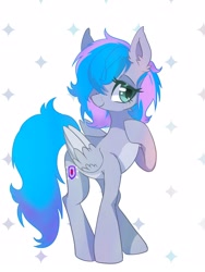 Size: 1200x1600 | Tagged: safe, artist:stacy_165cut, oc, oc only, oc:virtuous hope, pegasus, pony, blue mane, colored belly, colored eyelashes, colored pinnae, colored pupils, colored wings, colored wingtips, ear fluff, female, female oc, folded wings, freckles, gradient tail, gray coat, gray wingtips, green eyelashes, green eyes, green pupils, hair over one eye, hoof on chest, lidded eyes, long legs, mare, mare oc, pale belly, patterned background, pegasus oc, raised hoof, requested art, shiny eyelashes, smiling, solo, standing, standing on three hooves, tail, three quarter view, two toned mane, two toned wings, wing fluff, wings