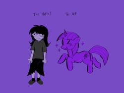 Size: 2048x1536 | Tagged: safe, artist:feefowll, twilight sparkle, oc, human, pony, unicorn, g4, duo, female, horn, human oc, mare, purple background, simple background, sketch