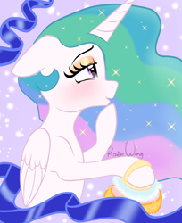 Size: 1876x2299 | Tagged: safe, artist:flutterbug18, princess celestia, alicorn, pony, g4, blushing, bust, eyeshadow, female, floppy ears, hoof hold, hoof on chin, lidded eyes, makeup, mare, powder puff, ribbon, signature, solo