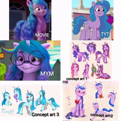 Size: 2880x2880 | Tagged: safe, screencap, izzy moonbow, sunny starscout, pony, unicorn, g5, my little pony: a new generation, my little pony: make your mark, my little pony: tell your tale, art, bag, blue body, blue hair, blue mane, blue tail, bracelet, brushie, concept art, cutie mark, ears up, eyes open, female, flower, glasses, horn, jewelry, long hair, long mane, necklace, offscreen character, offscreen female, painting, purple body, purple eyes, rainbow, smiling, solo, tail, text, unicorn horn