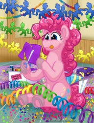 Size: 720x937 | Tagged: safe, artist:texasuberalles, pinkie pie, earth pony, pony, g4, :p, confetti, female, flower, flower in hair, hat, heart, hoof hold, mare, paper airplane, party hat, scissors, sitting, solo, streamers, tongue out, underhoof