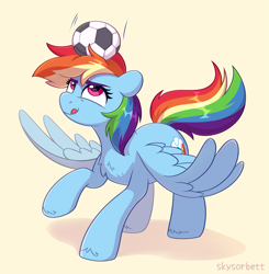 Size: 2599x2655 | Tagged: safe, artist:skysorbett, rainbow dash, pegasus, pony, g4, :p, backwards cutie mark, ball, chest fluff, female, football, high res, mare, shadow, signature, simple background, smiling, solo, sports, spread wings, tomboy, tongue out, wings, yellow background