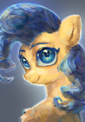 Size: 1080x1539 | Tagged: safe, artist:红脑壳, oc, oc only, pony, blue eyelashes, blue eyes, blue mane, blue pupils, bust, colored eyebrows, colored eyelashes, colored pupils, gradient background, lineless, looking at you, painting, smiling, smiling at you, solo, three quarter view, yellow coat