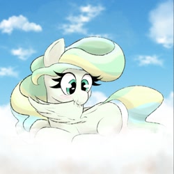 Size: 1352x1352 | Tagged: safe, artist:xppp1n, vapor trail, pegasus, pony, g4, cloud, female, grooming, lying down, lying on a cloud, on a cloud, preening, sky, solo, wings