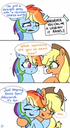 Size: 1120x2048 | Tagged: safe, artist:galaxy swirl, applejack, rainbow dash, earth pony, pegasus, pony, g4, 3 panel comic, applejack's hat, comic, cowboy hat, dialogue, duo, duo female, emanata, eye clipping through hair, eyebrows, eyebrows visible through hair, female, freckles, hat, hug, lesbian, looking at each other, looking at someone, mare, mouthpiece, op is trying to start shit, open mouth, open smile, ship:appledash, shipping, signature, smiling, speech bubble, tied hair