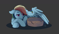 Size: 2160x1248 | Tagged: safe, artist:applesartt, rainbow dash, pegasus, pony, g4, female, floppy ears, lying down, mare, pet bed, solo, wings