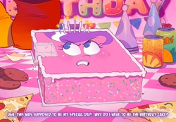 Size: 2438x1683 | Tagged: safe, artist:emma noorman, diamond tiara, food pony, pony, angry, birthday, birthday cake, blue eyes, blushing, cake, candle, cellular peptide cake (with mint frosting), chips, chubby diamond, cookie, drink, eyelashes, face only, food, food transformation, frosting, frown, garland, gritted teeth, hat, inanimate transformation, looking at someone, older, older diamond tiara, party hat, pizza, ponified, soda can, solo, sprinkles, sweat, sweatdrop, talking, teeth, text, transformation