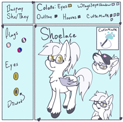 Size: 4356x4316 | Tagged: safe, artist:tkshoelace, oc, oc only, oc:shoelace, bat pony, asexual pride flag, bat pony oc, bat wings, bisexual pride flag, chest fluff, cutie mark, ear fluff, eyelashes, eyeshadow, floppy ears, glasses, hat, heart, lipstick, makeup, ponytail, pride, pride flag, pronouns, reference sheet, slit pupils, solo, text, transgender pride flag, unshorn fetlocks, white fur, white mane, wings