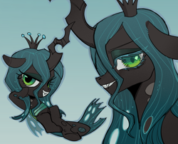 Size: 2689x2177 | Tagged: safe, artist:nimingxiwang168, queen chrysalis, changeling, changeling queen, g4, black coat, blue mane, bust, chibi, female, full body, gradient background, green eyes, grin, smiling, solo