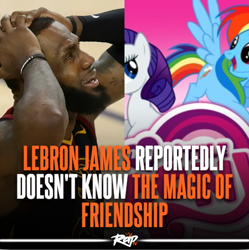 Size: 500x502 | Tagged: safe, rainbow dash, rarity, human, pegasus, pony, unicorn, g4, african american, dark skin, female, flying, hands on head, horn, irl, lebron james, logo, male, mare, meme, orange text, photo, shitposting, show logo, smiling, spread wings, text, white text, wings