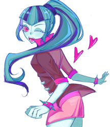 Size: 2048x2374 | Tagged: safe, artist:nimingxiwang168, sonata dusk, human, equestria girls, g4, blue hair, blue skin, cowboy shot, one eye closed, open mouth, open smile, simple background, smiling, solo, white background, wink