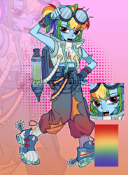 Size: 1936x2642 | Tagged: safe, artist:nimingxiwang168, rainbow dash, human, equestria girls, g4, alternate clothes, bare shoulders, blue skin, clothes, converse, denim, full body, goggles, goggles on head, gradient background, jeans, open mouth, pants, reference sheet, shoes, sleeveless, solo