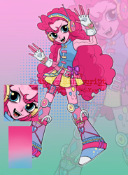 Size: 1936x2642 | Tagged: safe, artist:nimingxiwang168, pinkie pie, human, equestria girls, g4, abstract background, alternate clothes, bare shoulders, boots, clothes, full body, gradient background, open mouth, open smile, pink skin, reference sheet, shoes, skirt, sleeveless, smiling, solo